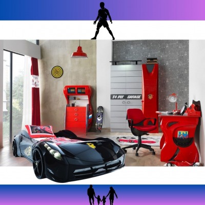  Garage Araba Yataklı Çocuk Odası Siyah - Kırmızı